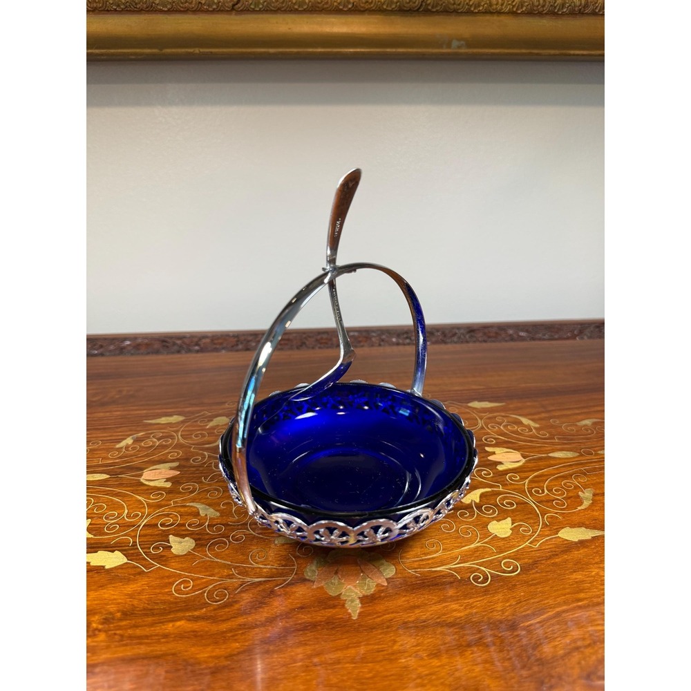 Vintage Cobalt Blue Jam Dish with Silver Plate Holder & Spoon - Picture 11 of 17